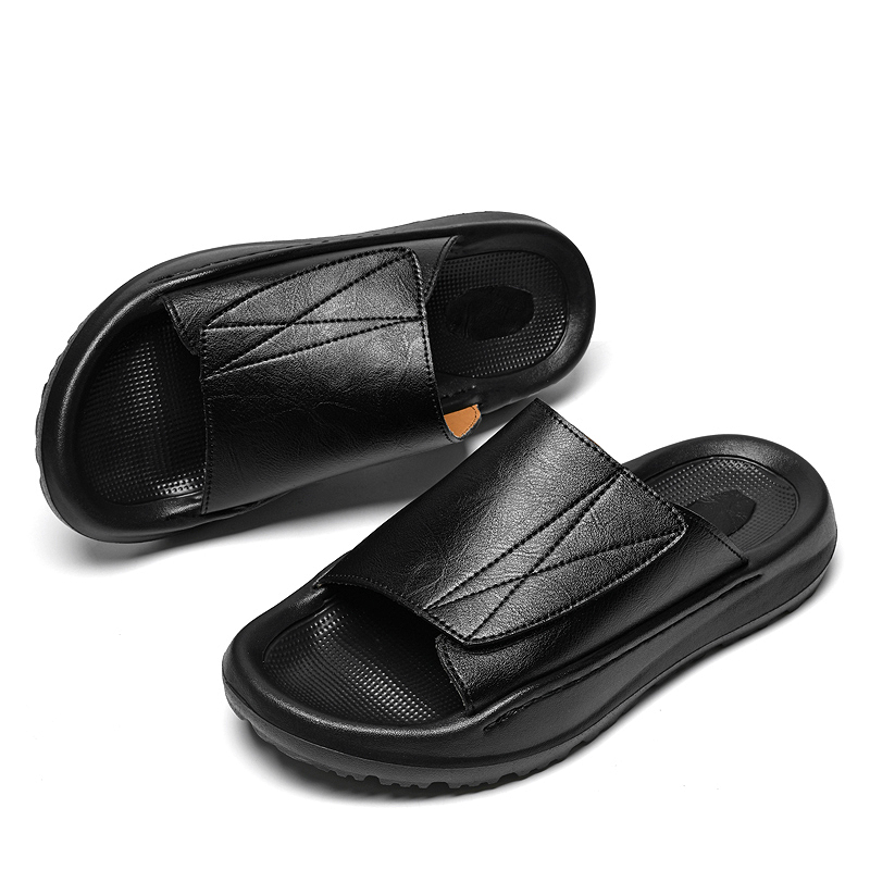Men Shoes Velcro - Men's Casual Leather Slippers Adjustable Non-Slip